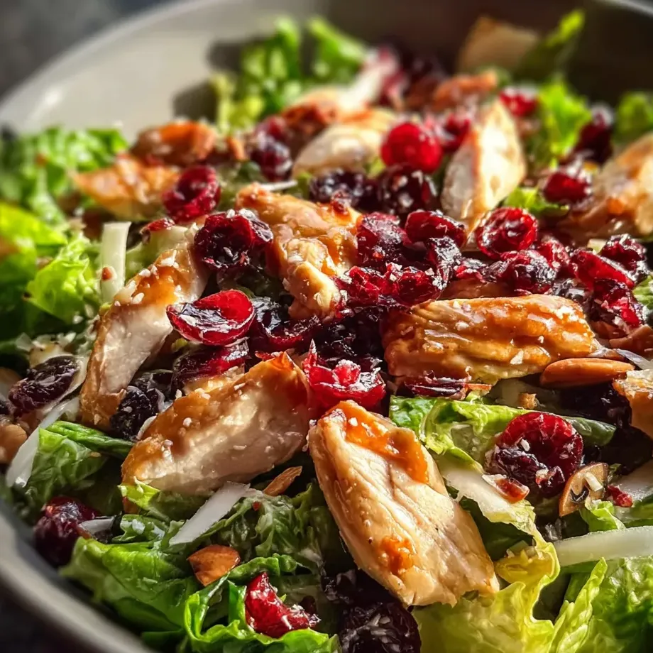 Un bol garni de salade au poulet, cranberries et salade verte.