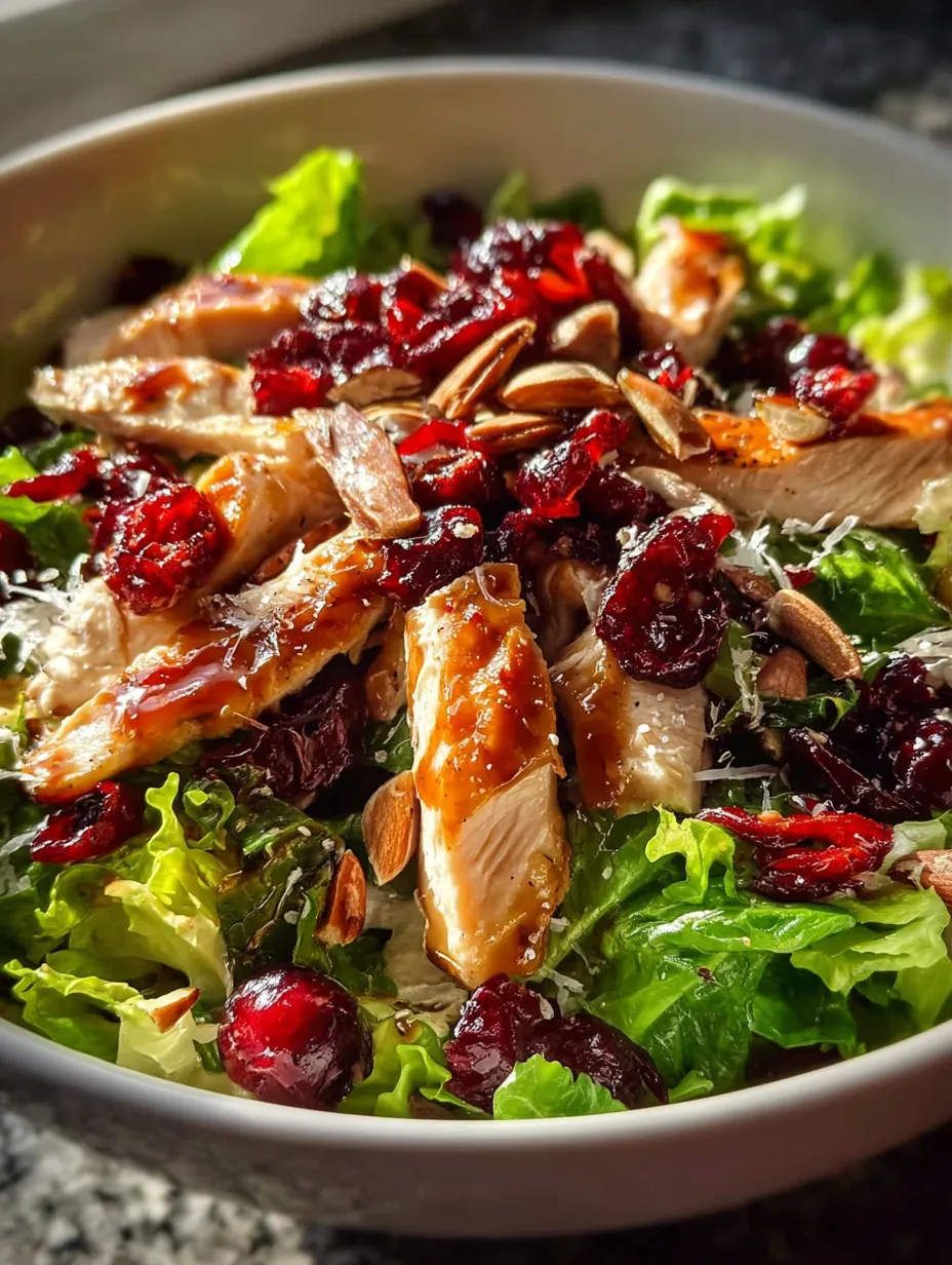 Un bol garni de salade avec poulet, canneberges et noix.