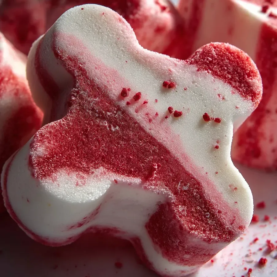 Un bonbon rouge et blanc en forme de chien.