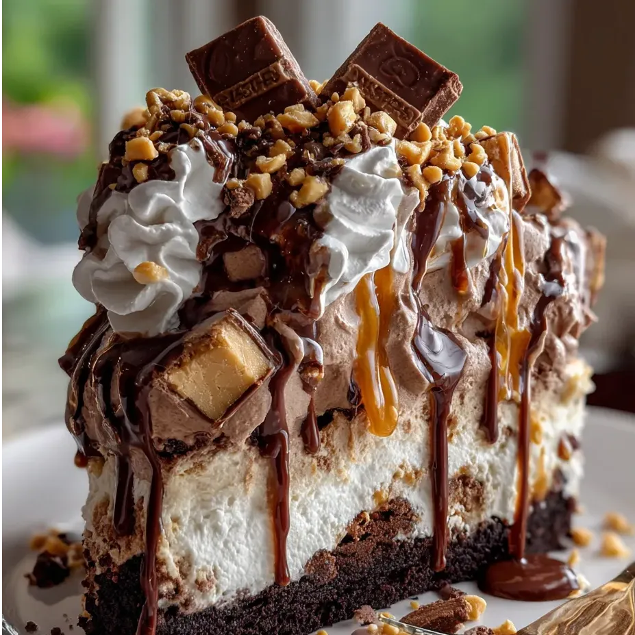 Part de gâteau au chocolat nappée de caramel.