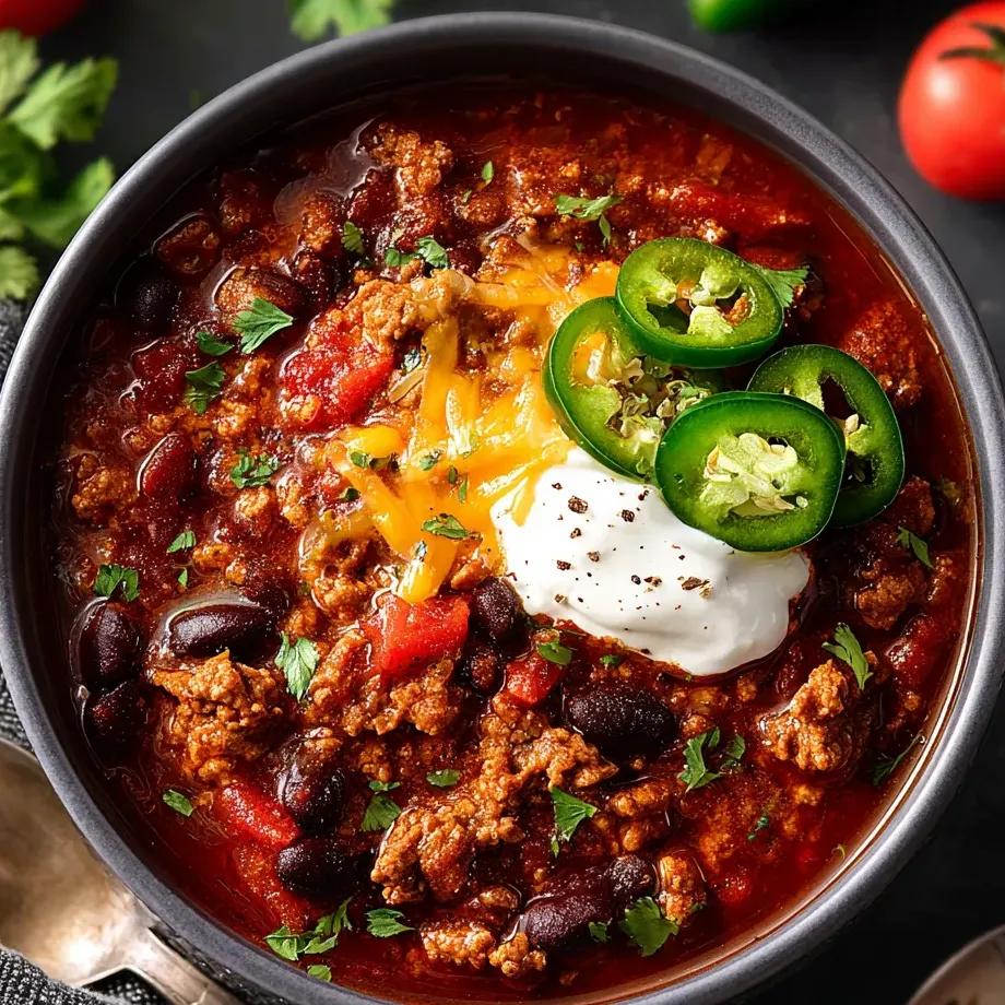Un bol de chili garni de jalapenos et de fromage.