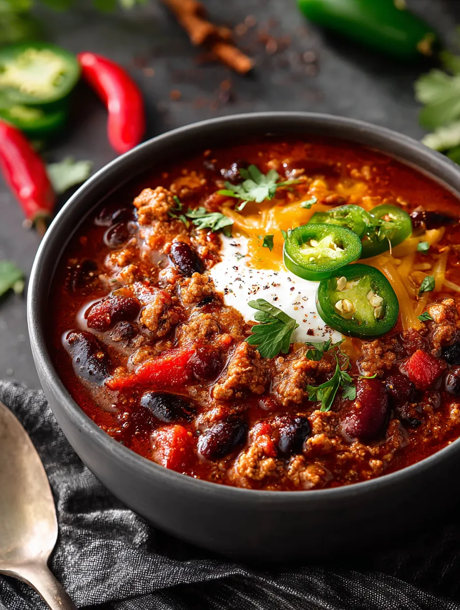 Un bol de chili avec des jalapenos et une cuillerée de crème.