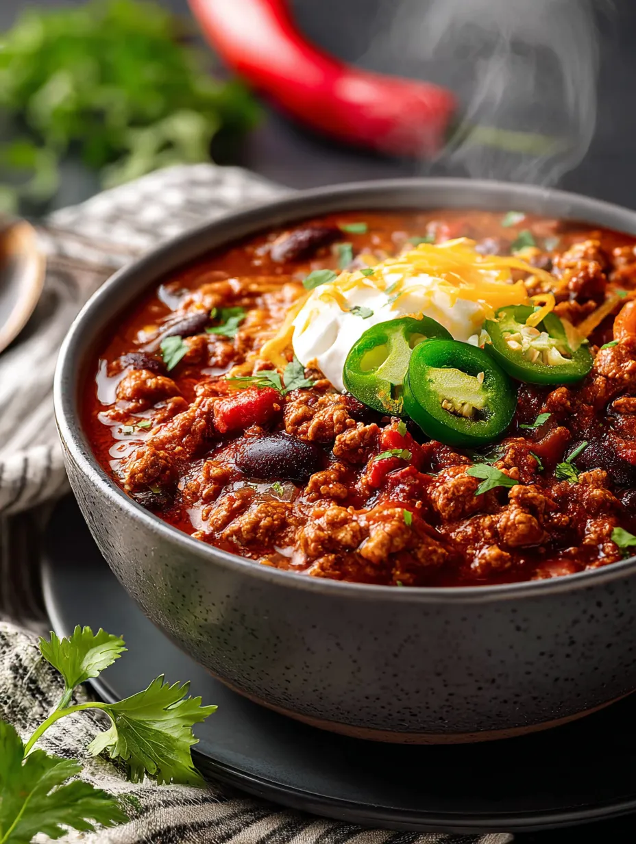 Un bol de chili avec des jalapenos et du fromage.