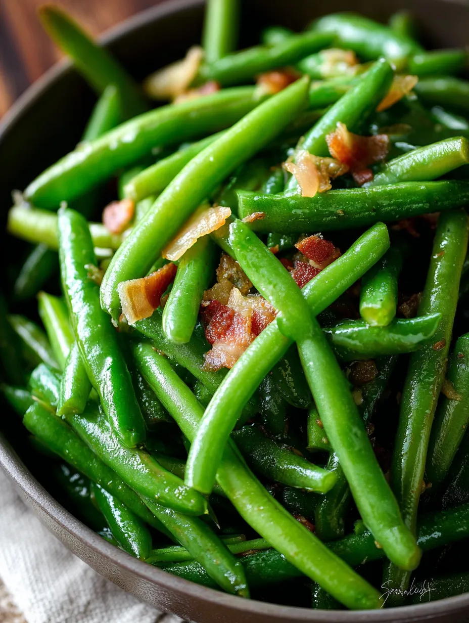 Un bol de haricots verts au bacon.