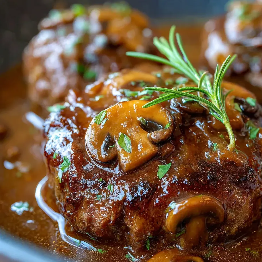 Gros plan sur un steak haché couvert de champignons.