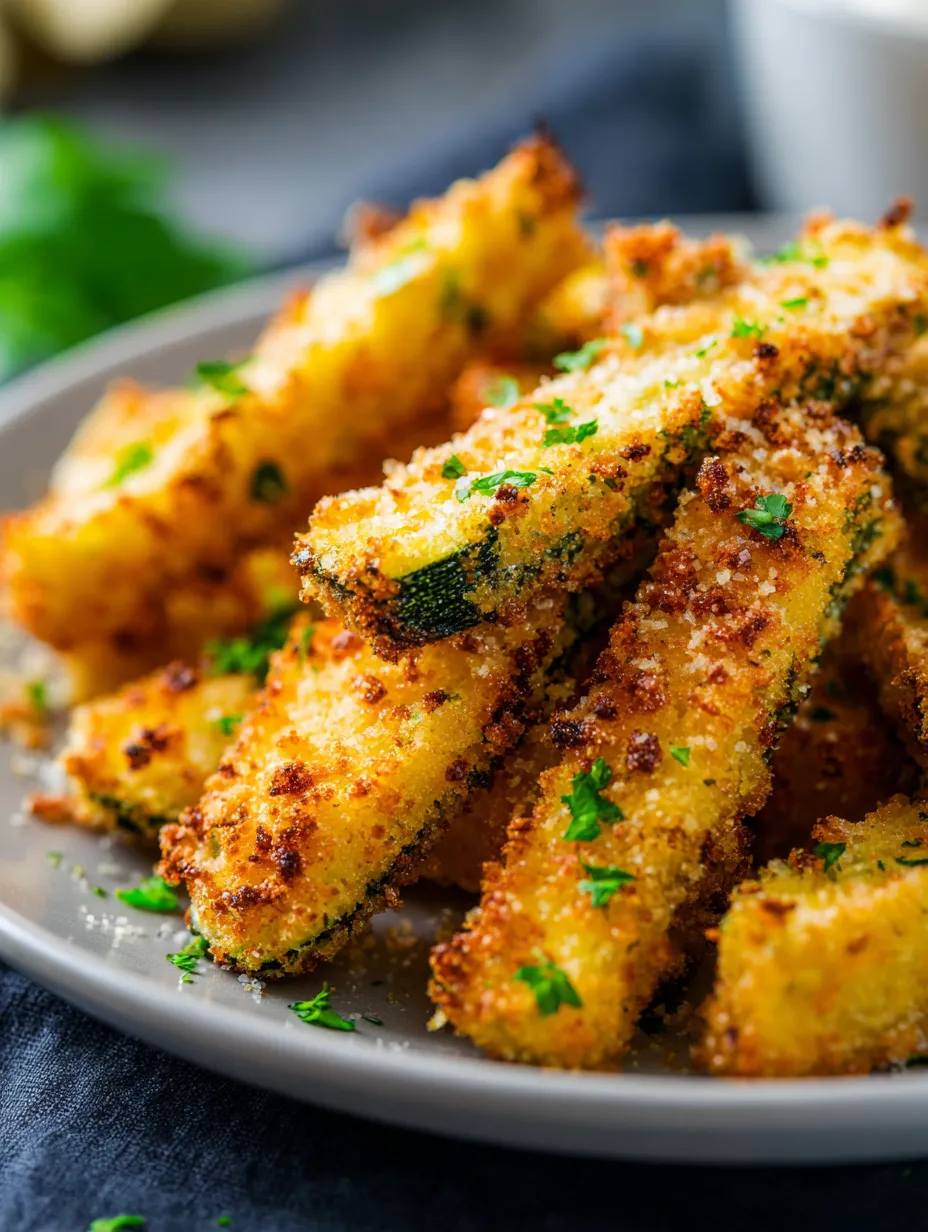 Assiette remplie de bâtonnets de courgette garnis de parmesan et d'oignons.