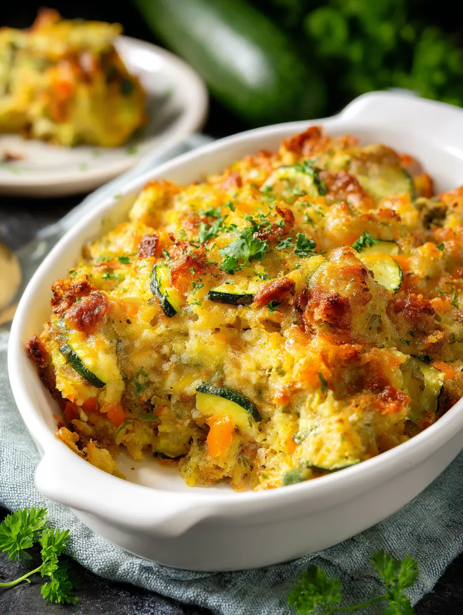 Une assiette blanche avec un petit gratin de courgettes, du fromage gratiné et des oignons croquants.