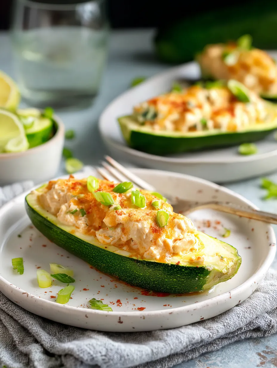 Une courgette garnie de farce crémeuse posée sur une assiette blanche.