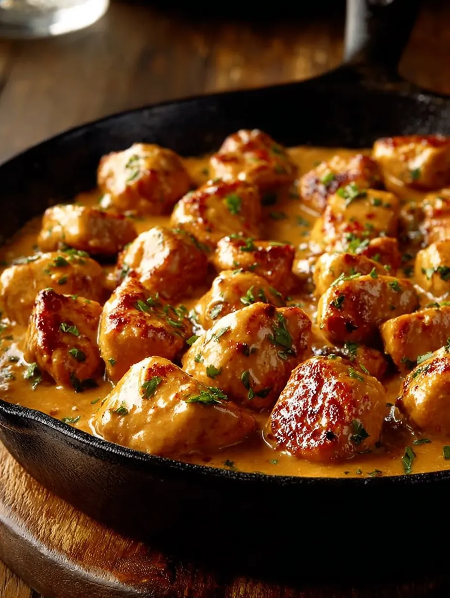 Un bol rempli de morceaux de poulet nappés dans une sauce onctueuse.