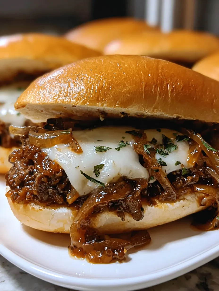 Un pain garni de steak, d’oignons et de fromage fondu posé sur une assiette blanche.