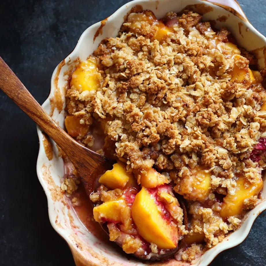 Un gâteau façon crumble avec morceaux de pêche bien frais et juteux.
