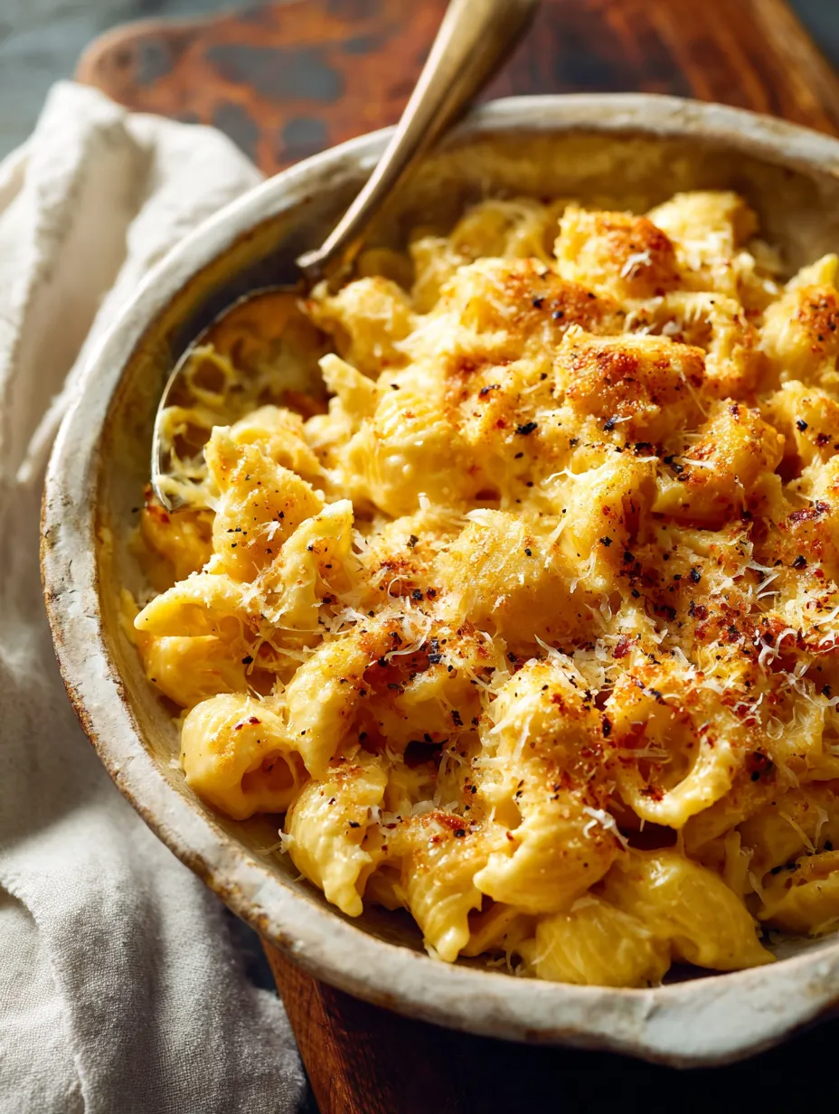 Une casserole de mac and cheese garnie de parmesan et d'herbes.