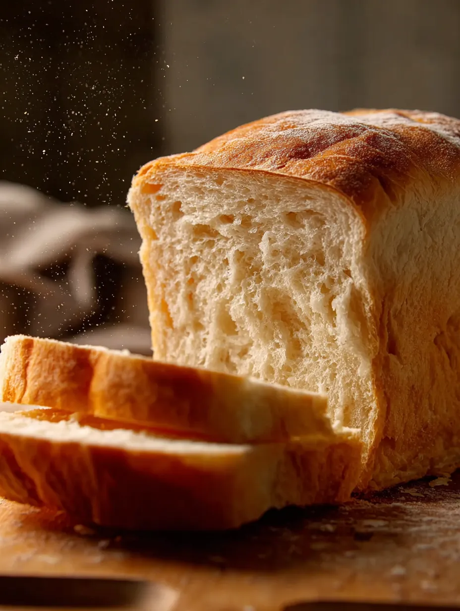 Moitié de tranche de pain blanc avec un peu de farine dessus.