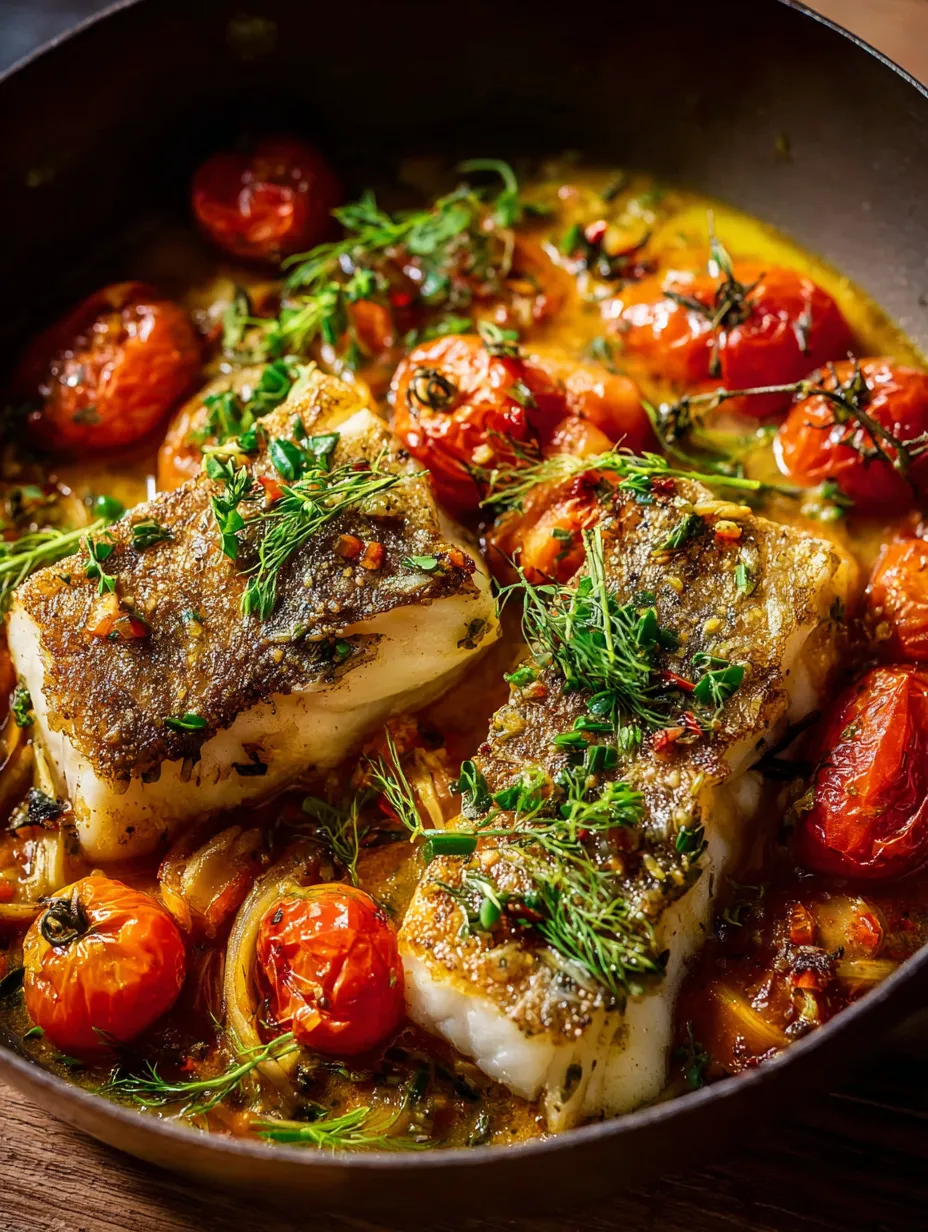 Un poisson aux tomates et oignons dans une poêle.