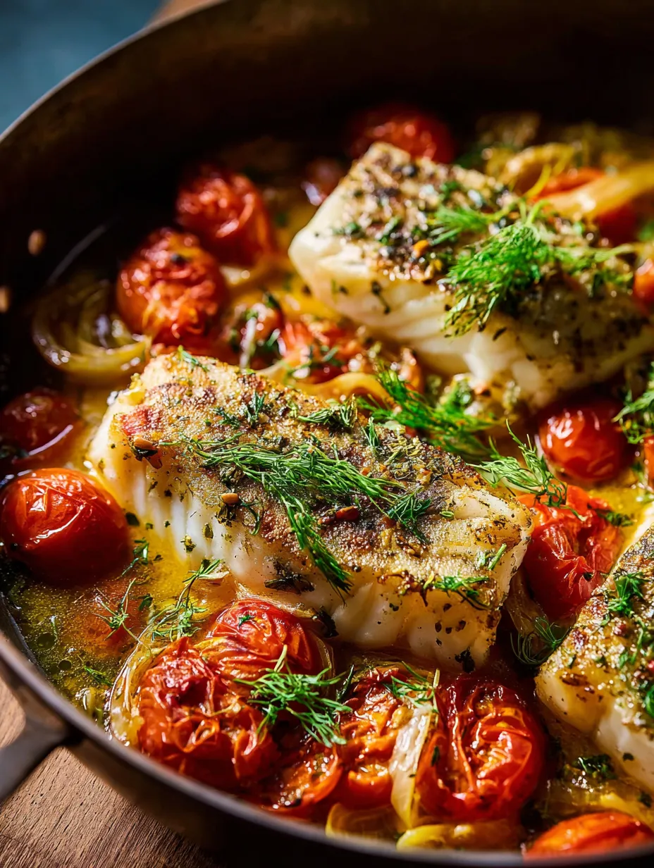 Un filet de poisson avec des tomates et des oignons dans une poêle.