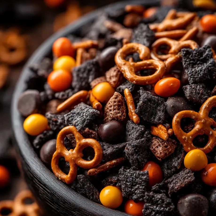 Un bol rempli de bretzels émiettés, chocolat fondu, noix et petits chocolats.