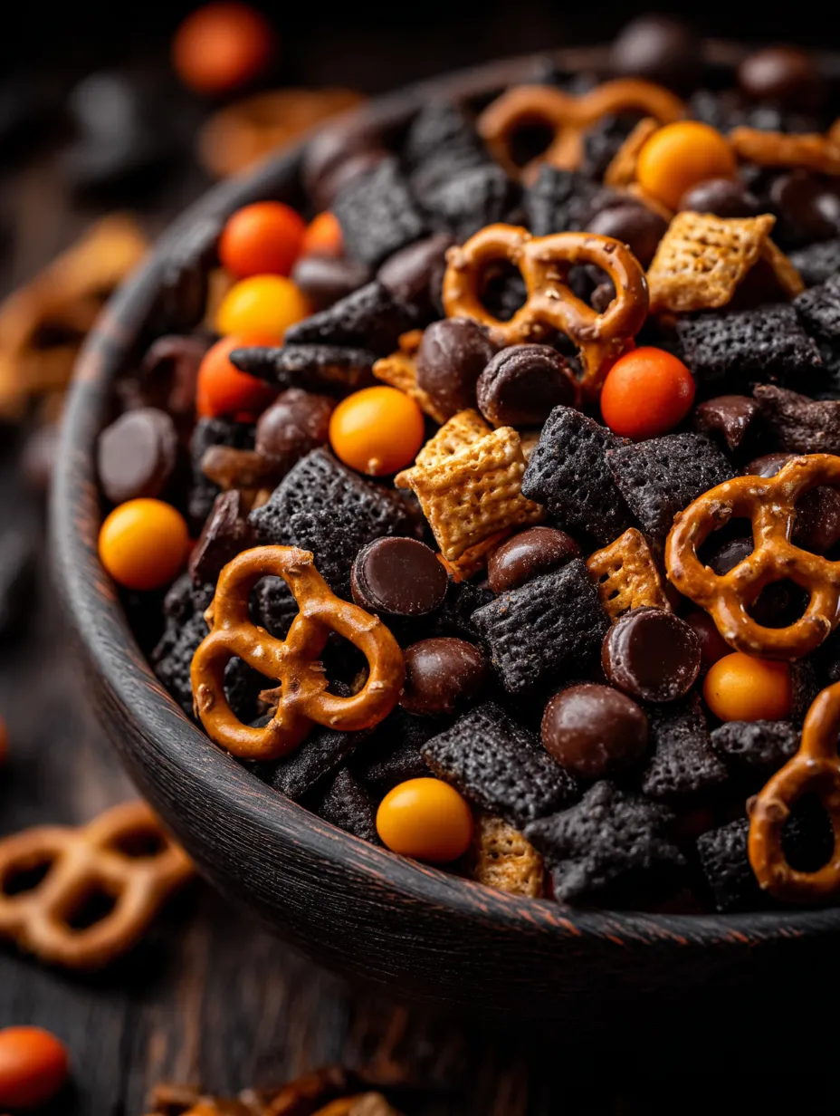 Gros plan sur un mélange de bretzels, chocolat, noix et épices.