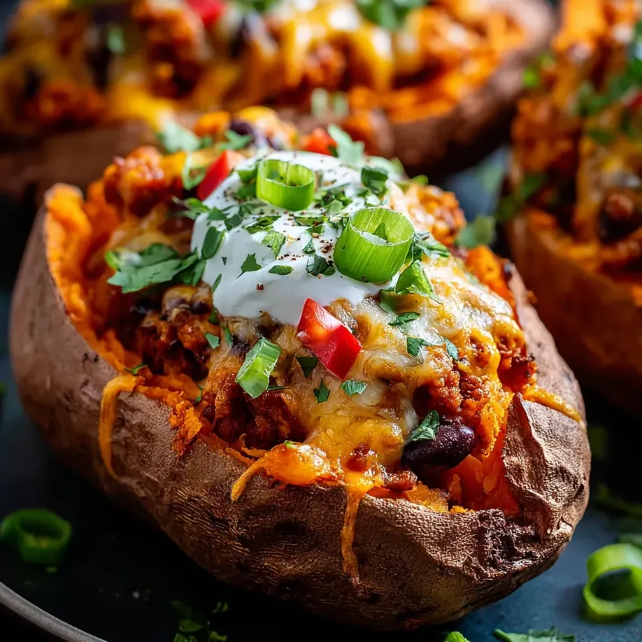 Une patate douce bien garnie avec fromage, tomates, poivrons et oignons.