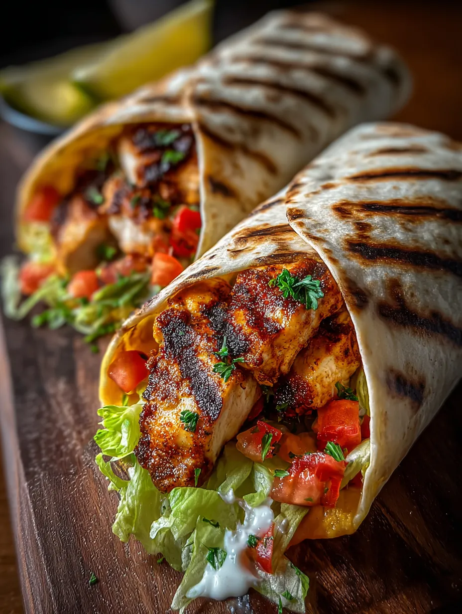 Un wrap bien garni avec poulet et tomate sur la table.