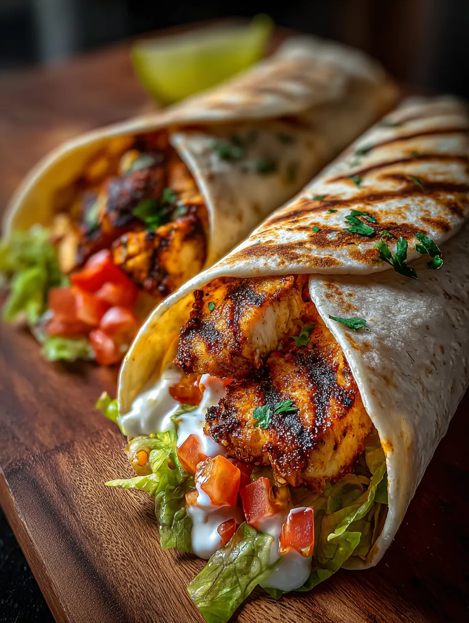 Un wrap poulet tomates posé sur une table.