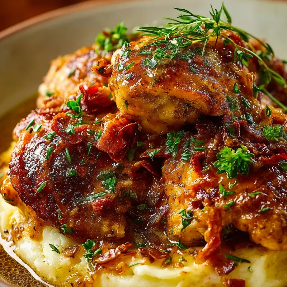 Des boulettes de poulet grillées, garnies de bacon et d’oignons sur un grand plat.