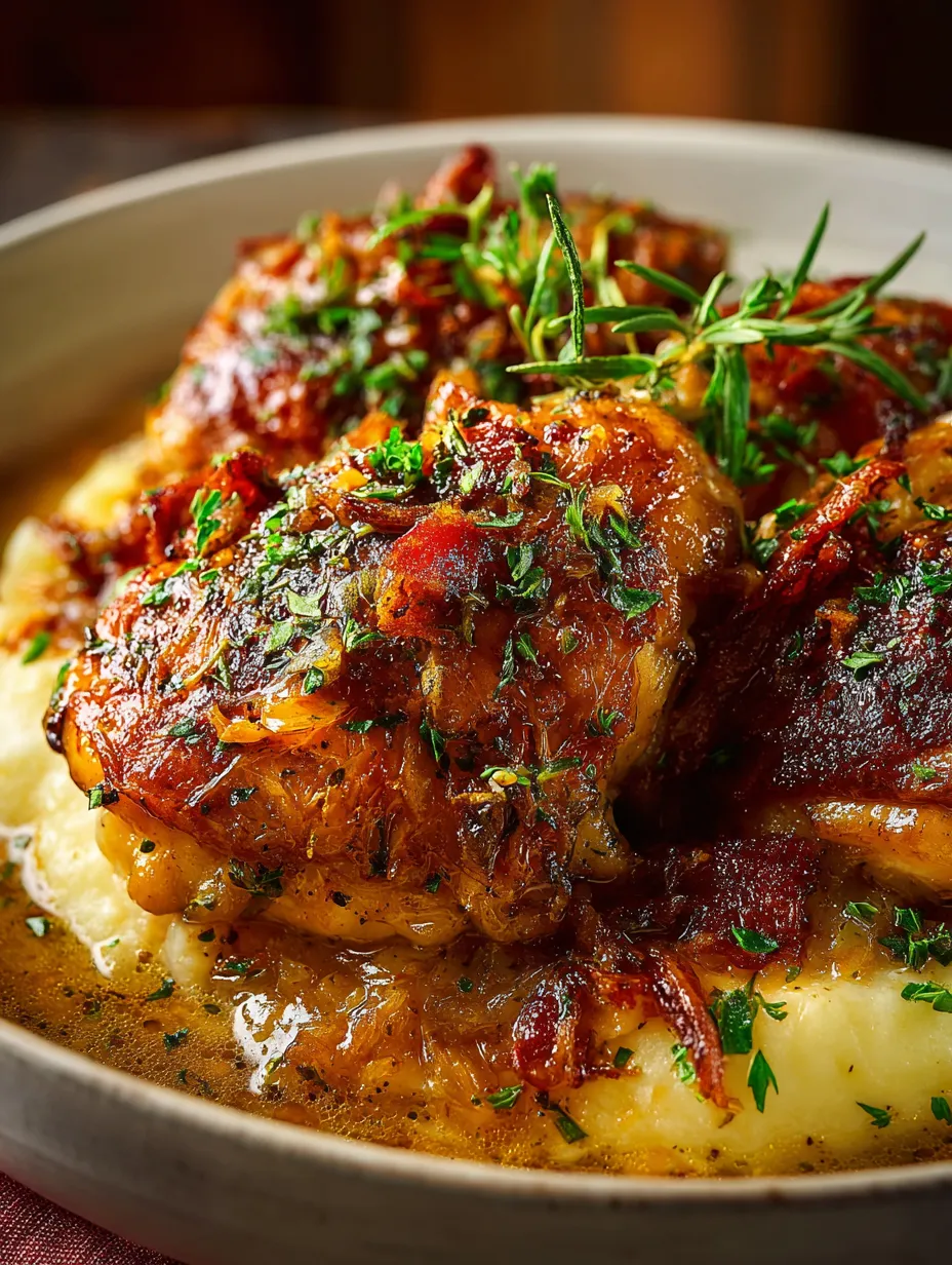Une photo de blancs de poulet grillés dans une sauce avec oignon et ail.