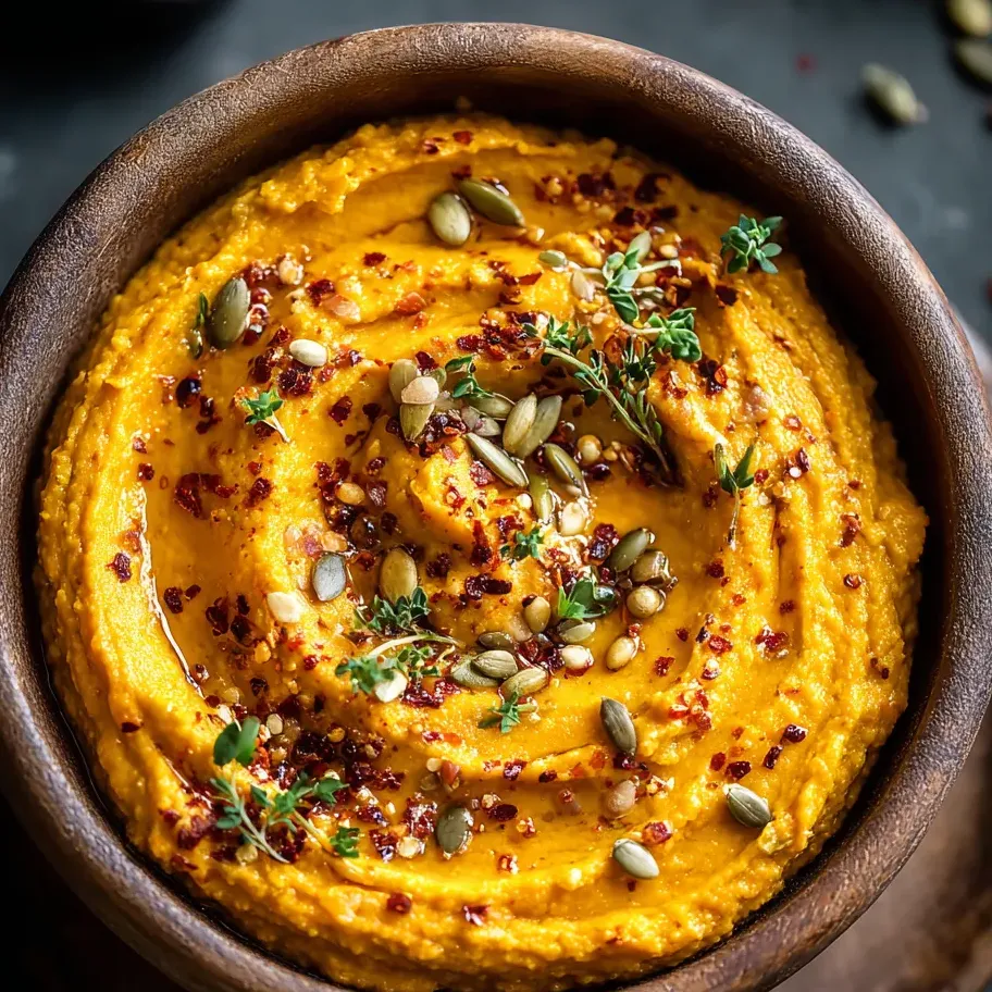 Une soupe de pâtes orange crémeuse avec butternut, graines de sésame et épices dans un pot.