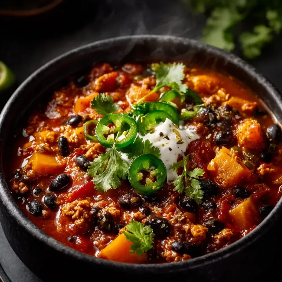 Une grande marmite noire pleine de chili aux tomates, poivrons, oignons et ail.