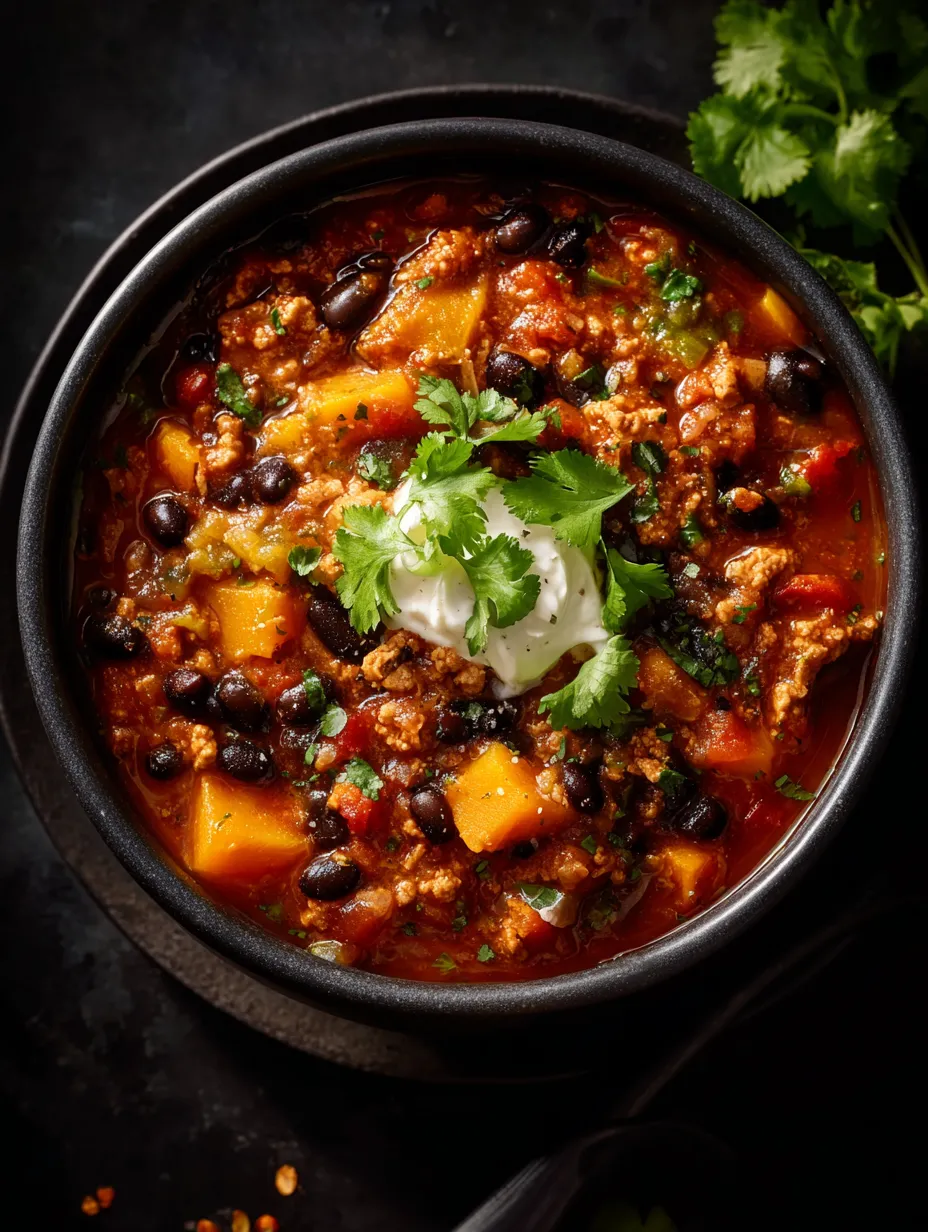 Un bol noir rempli de chili, pommes de terre, poivrons, oignons et tomates.