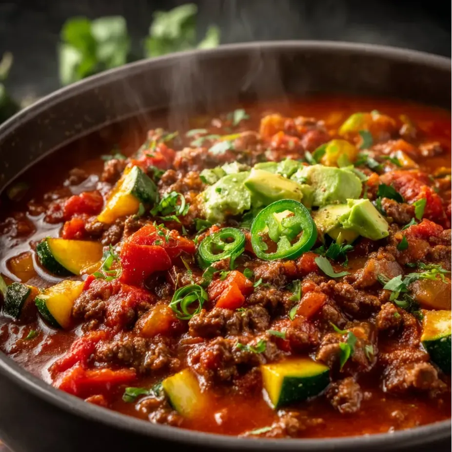 Une marmite noire remplie d'un mélange de pommes de terre, oignons, tomates, avocat et courgettes.