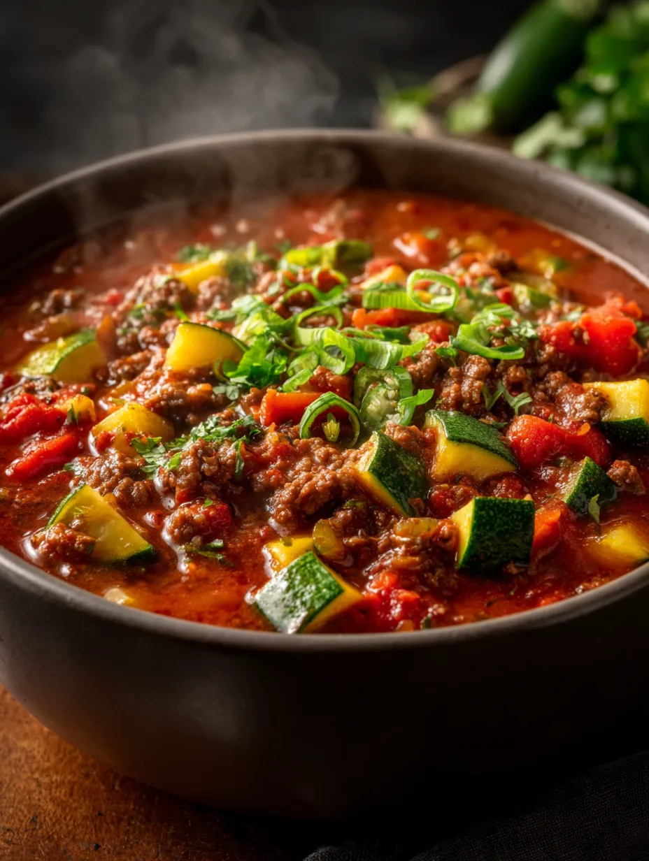 Bol rempli d’oignons, tomates, courgette et bœuf.