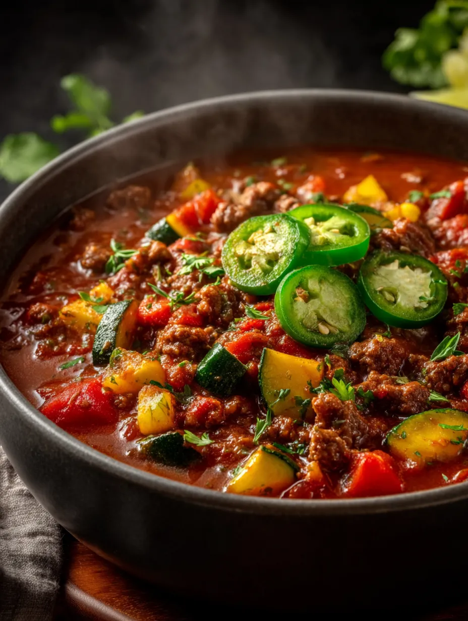 Bol garni de viande, légumes et rondelles d’oignon.