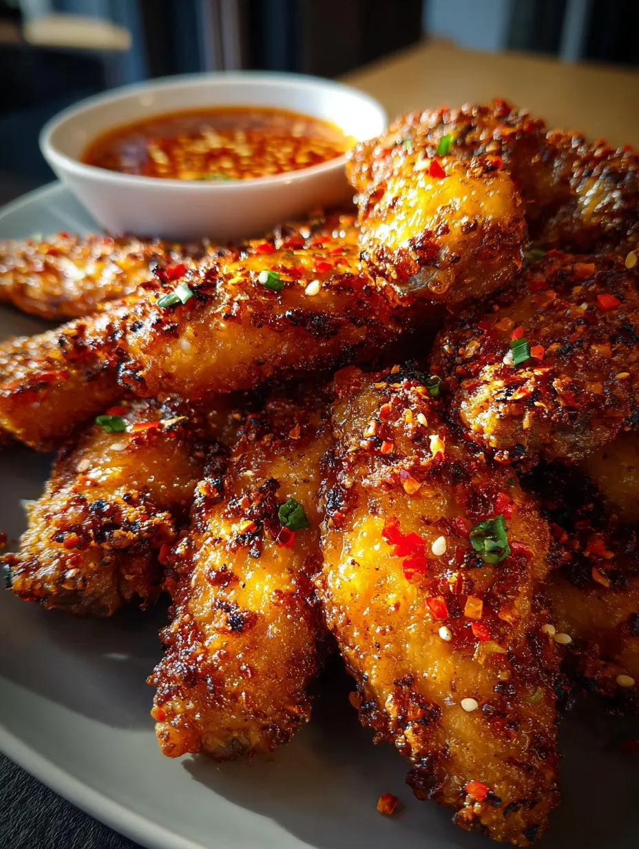 Un plat débordant d’ailes de poulet bien dorées, avec des touches sombres et servies dans une sauce.