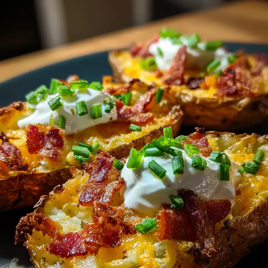 Quelques peaux de pommes croquantes, couvertes de bacon, mayonnaise et oignons verts sur une assiette.