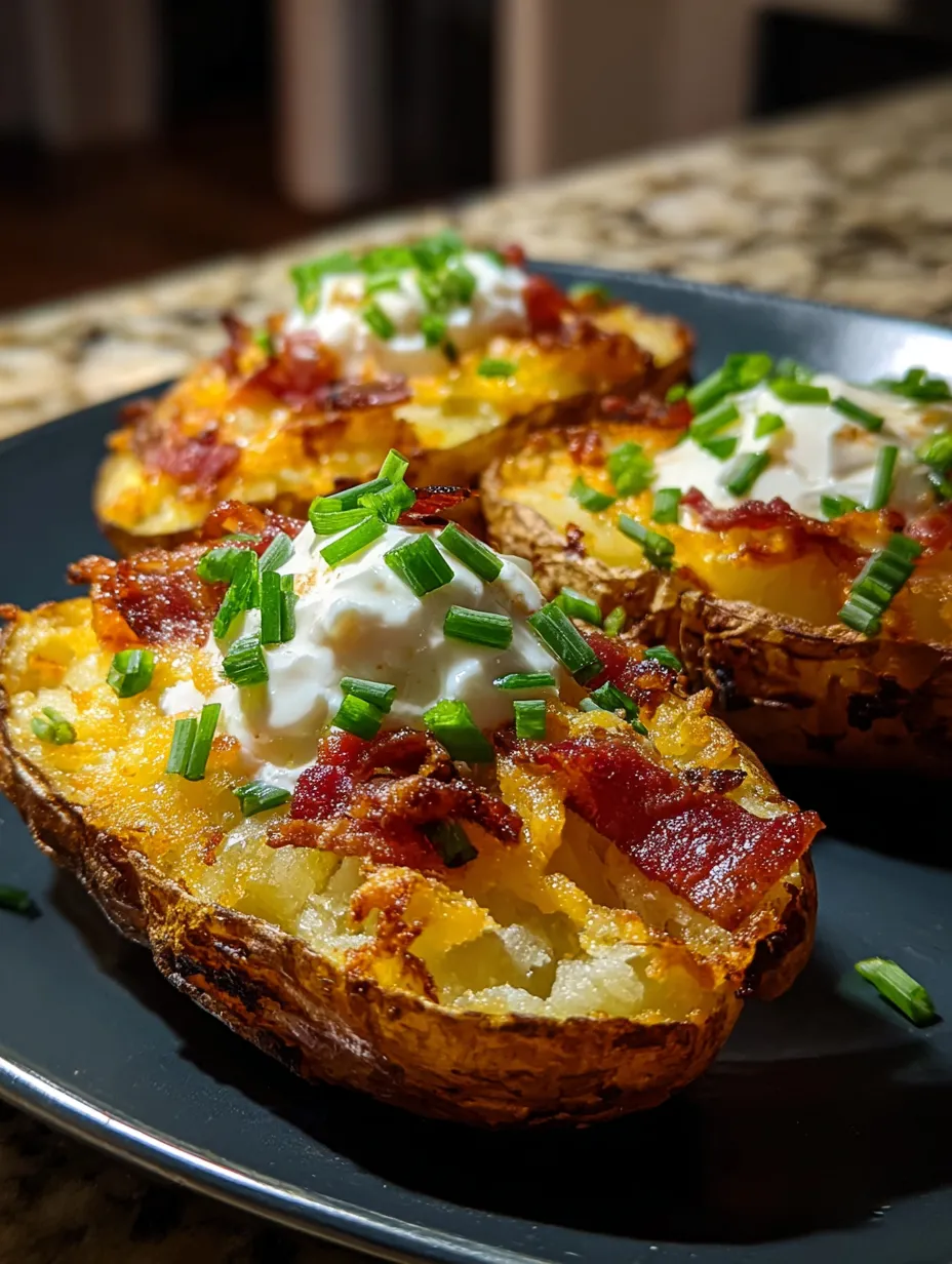 Une assiette avec des pommes de terre grillées, décorées de bacon et mayonnaise.