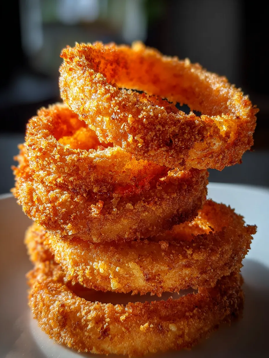 Une assiette blanche avec une couche dorée d’oignons frits bien secs.