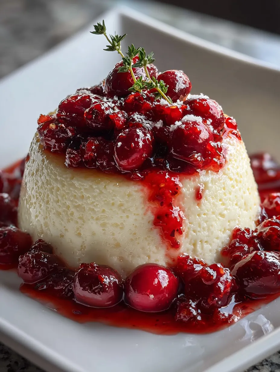 Un joli dessert crémeux sur une assiette blanche, décoré de fruits rouges et quelques fines lamelles d’oignon.
