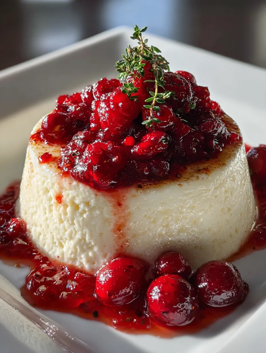 Une assiette blanche avec une crème, surmontée de fruits rouges et quelques oignons rouges décoratifs.