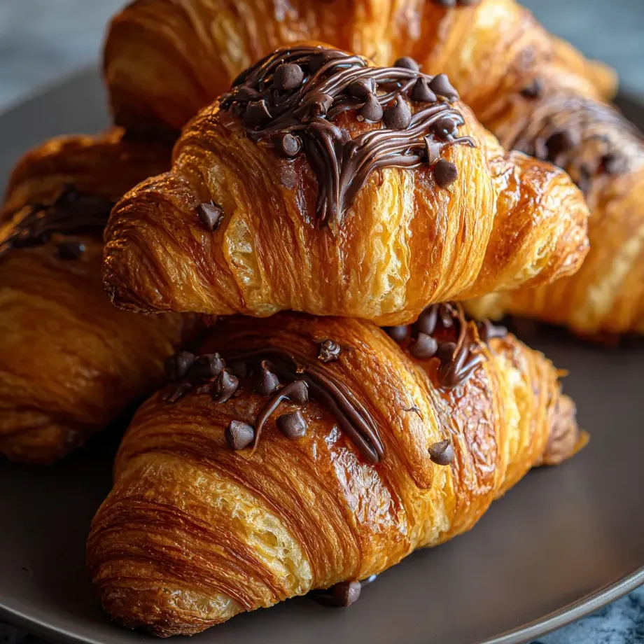 Un plateau avec trois croissants nappés de chocolat et de sirop chocolaté.