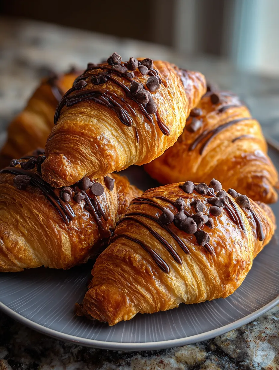 Assiette blanche avec trois croissants décorés de ganache au chocolat et copeaux.