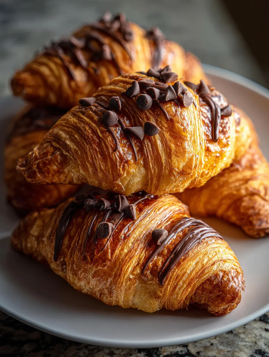 Deux croissants nappés de mousse chocolat-fromage frais sur assiette blanche.