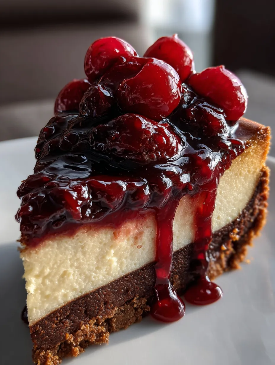 Une part de gâteau chocolat avec cerises sur une assiette blanche.