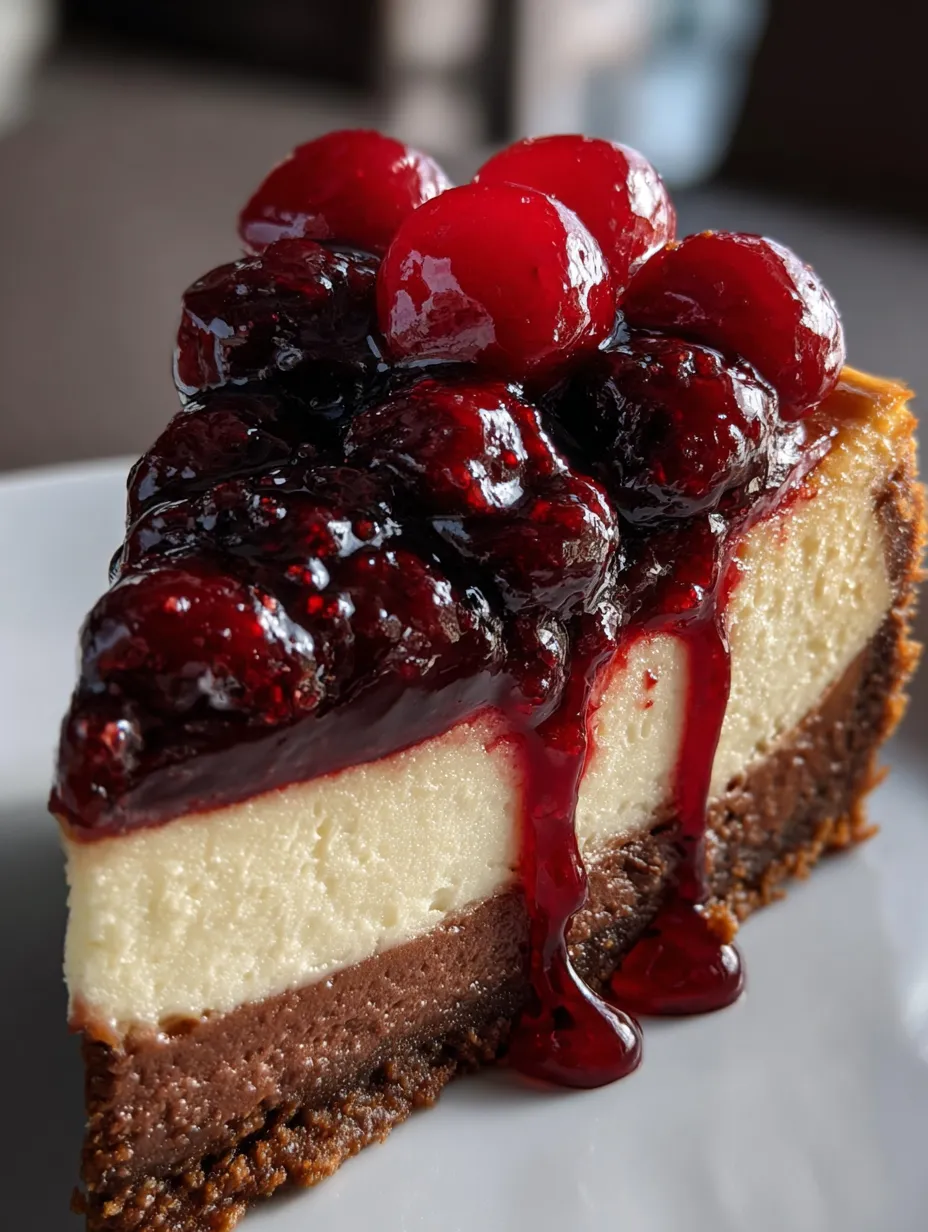 Un gâteau chocolat décoré de cerises sur une assiette blanche.