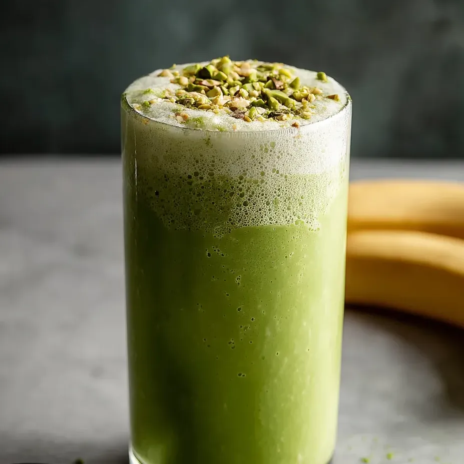 Un verre rempli d’une boisson mélangée de banane, lait d’amande et agrumes.