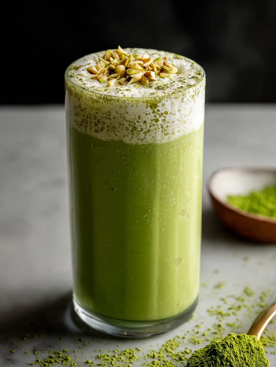 Un verre rempli d’une boisson verte, garni de noix et d’une touche de matcha sur le dessus.