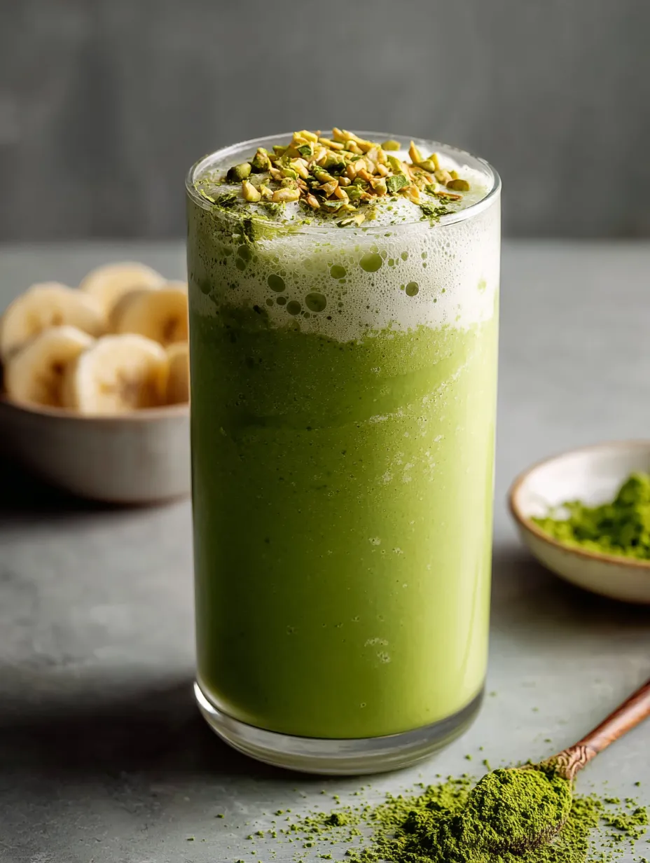 Un grand verre rempli d’une boisson verte, préparée avec banane et agrumes.