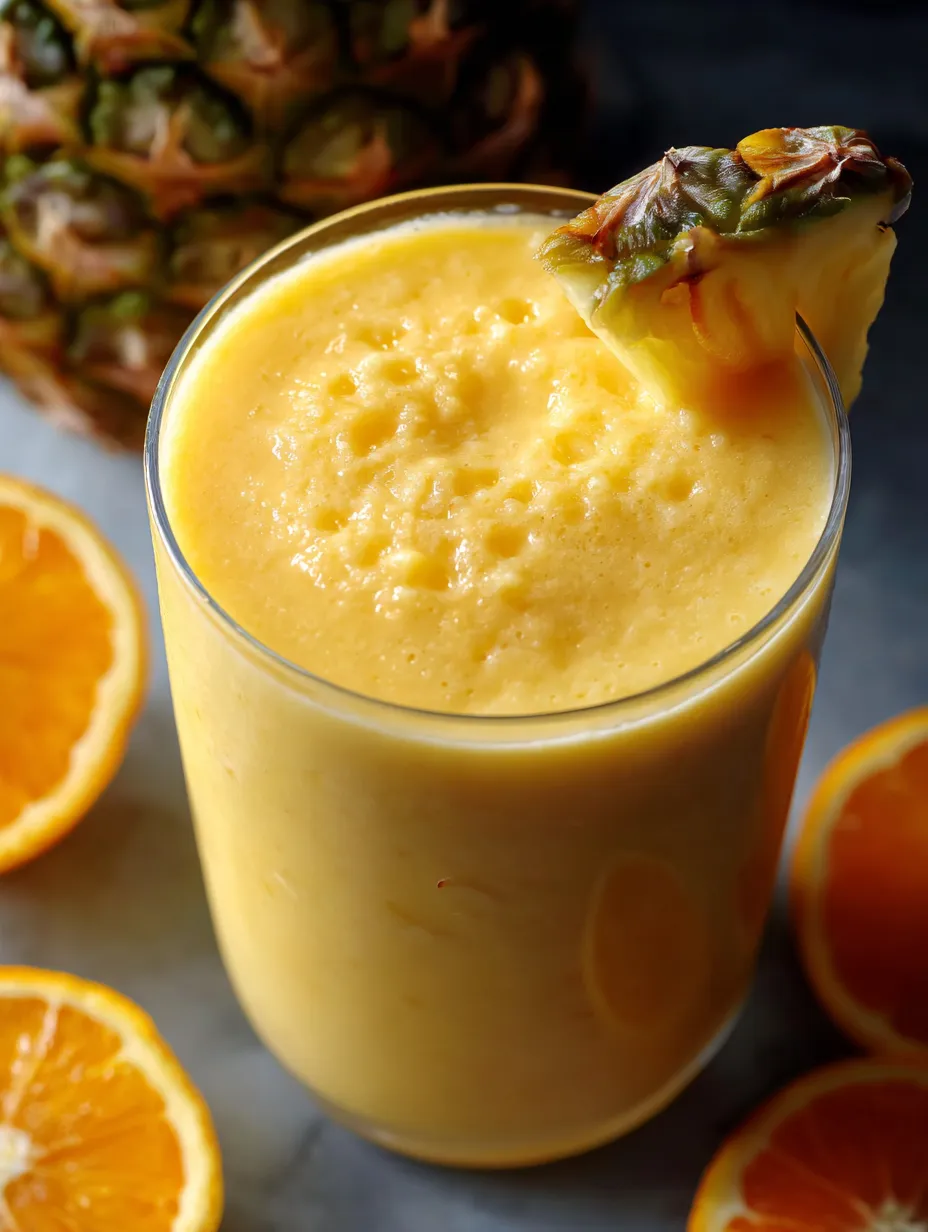 Un verre plein d’une boisson onctueuse et riche, mélange de jus d’orange, de lait et d’agrumes.