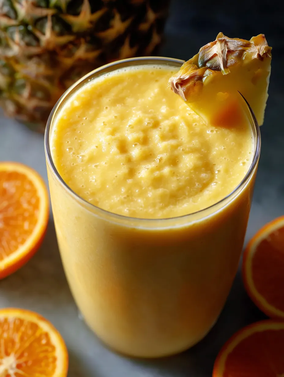 Un verre avec mélange à base de jus d’orange et lait de coco.