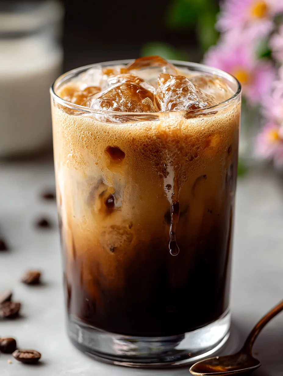 Un verre de café avec du lait, du sucre et des glaçons posé sur une table.