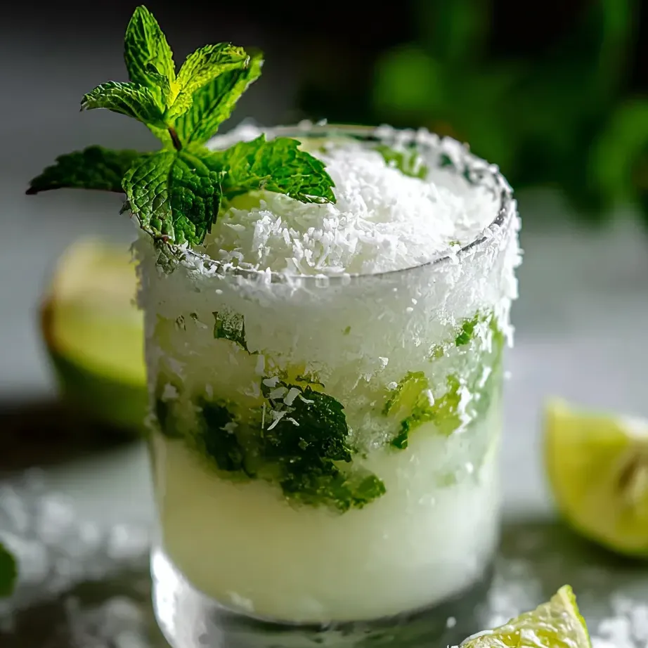 Un verre rempli avec de la menthe, de l’eau, de la glace et d’autres petits ingrédients colorés.